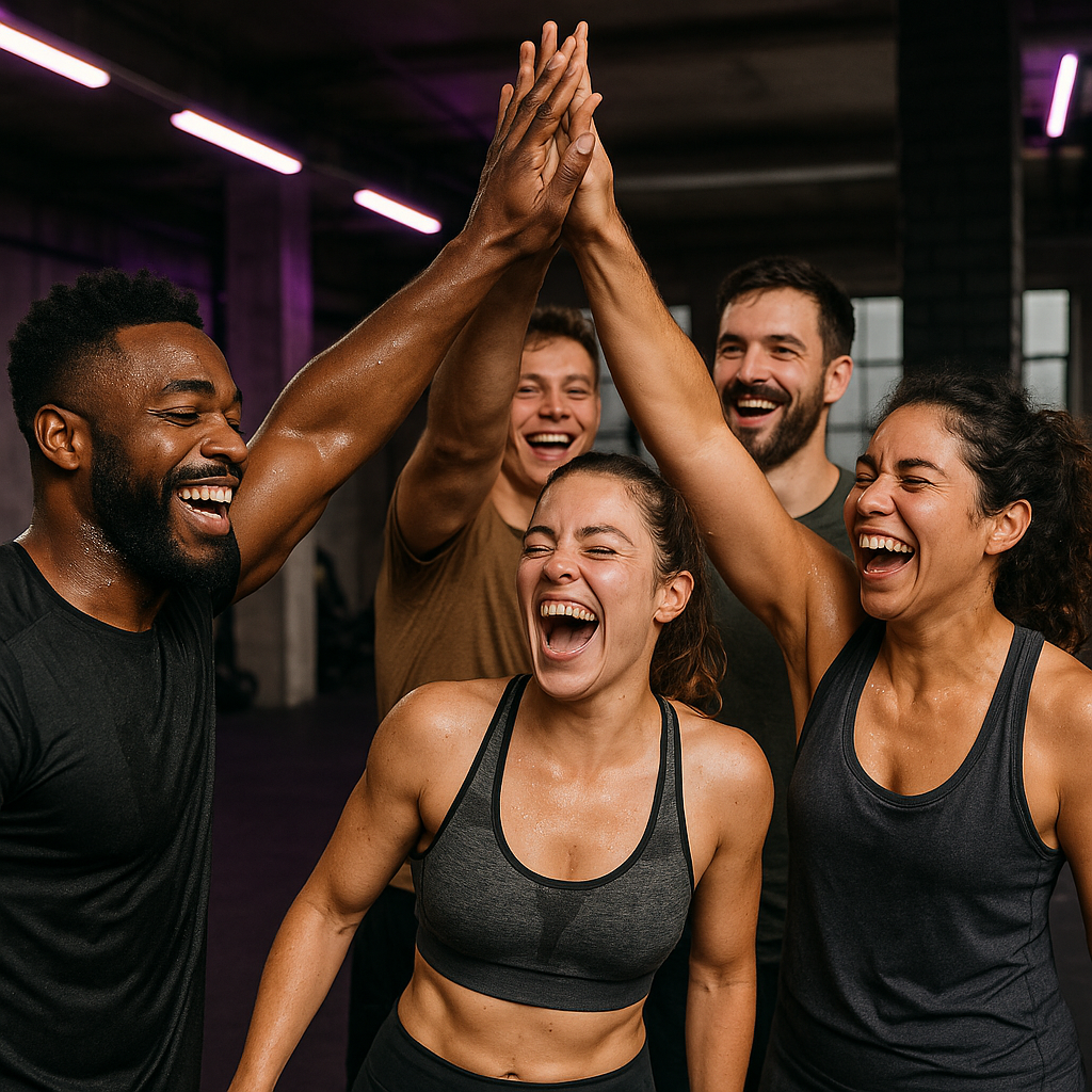 Alumnos celebrando el final de una clase de entrenamiento funcional en equipo