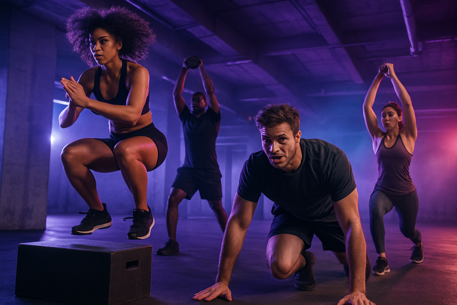 Grupo de personas entrenando con alta intensidad en un box de entrenamiento funcional urbano
